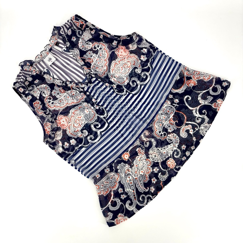 Cabi Peplum Blouse #5349, Mixed Print Semi-Transparent V-Neck Sleeveless Top, XS